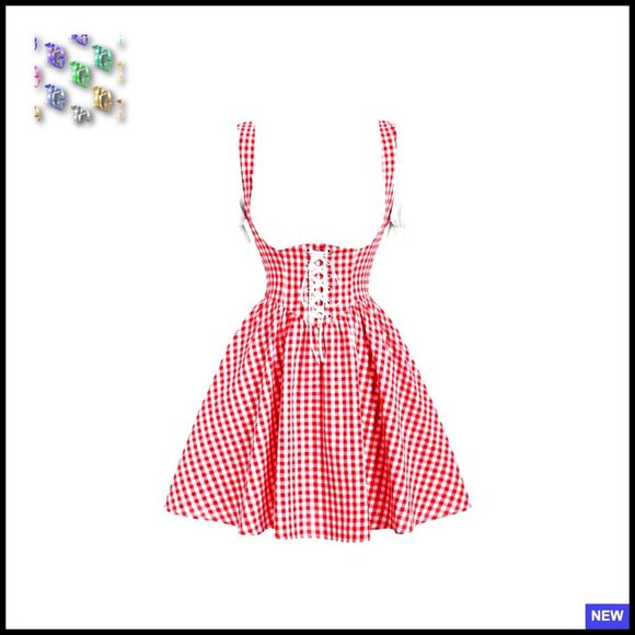 Dresses & Skirts - Vintage Cottagecore Gingham Dress Puff Sleeve Lace Up Corset Flared A-Line